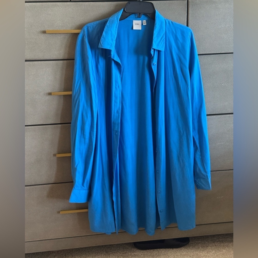 Women Blue Button Down Shirt Dress